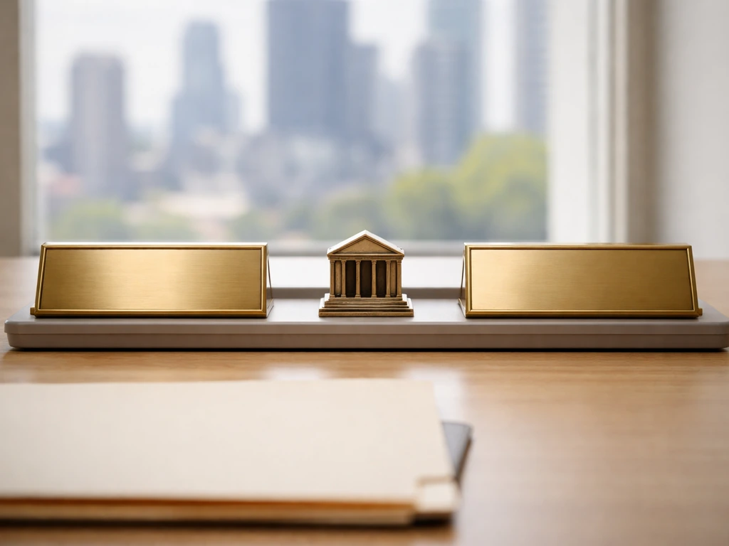 Minimal desk scene with two unlabeled nameplates and a courthouse icon, symbolizing net worth disambiguation