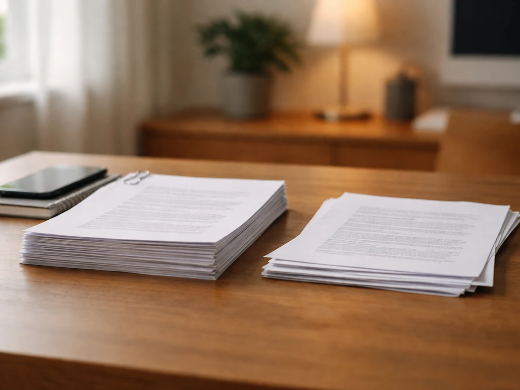 Minimal office desk with two contrasting stacks of documents suggesting documented vs speculative estimates.