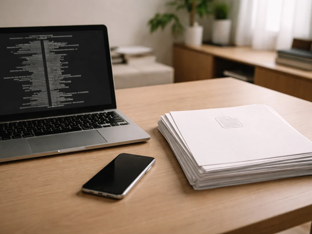 Minimal desk scene with an open laptop and blurred film credits plus corporate filing papers.
