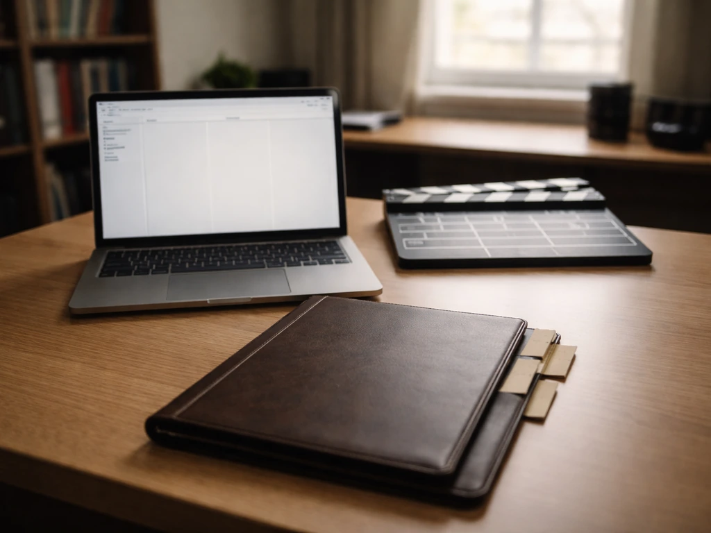 Minimal media office desk with clapperboard and laptop, symbolizing a production company’s ownership and founding timeli