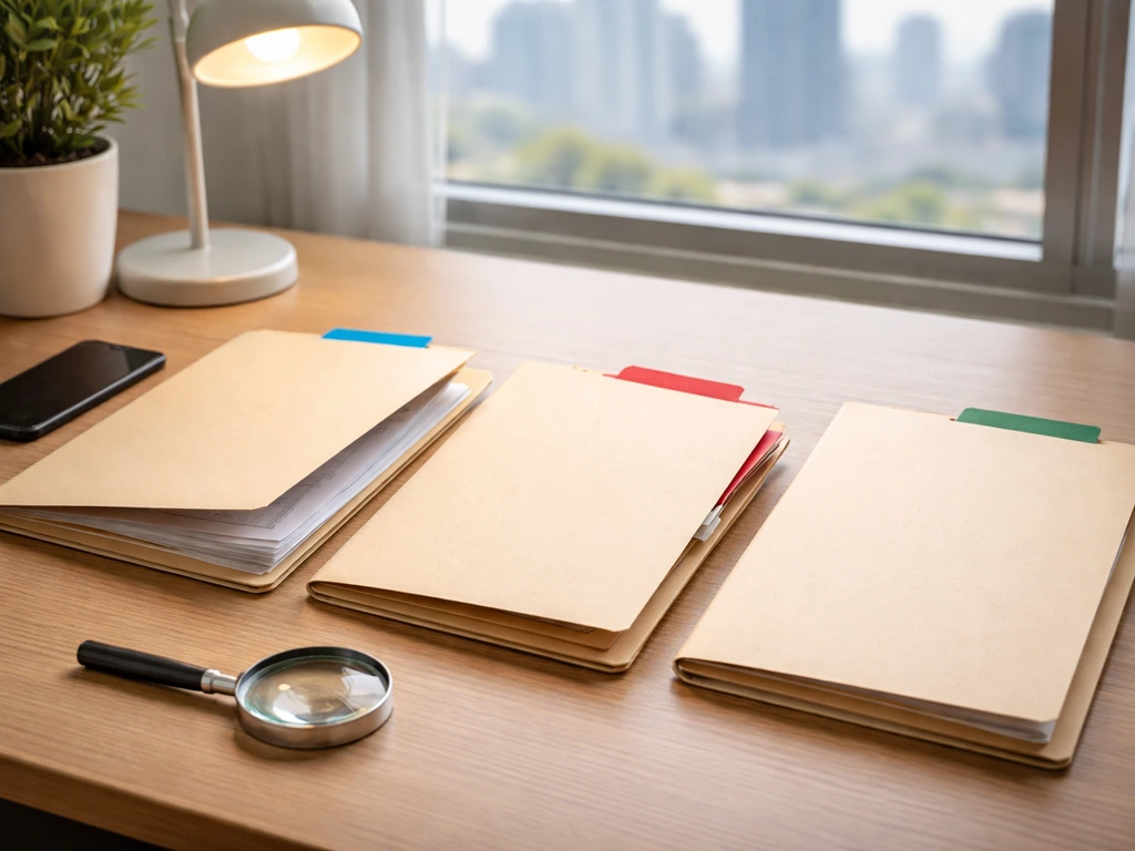 Minimal desk scene with folders, magnifying glass, and printed pages suggesting verification vs unverified claims.