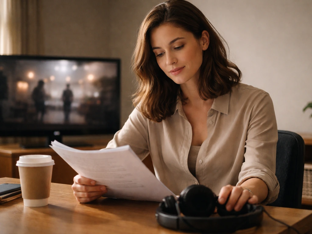 Woman in a simple studio setting, holding a script beside a lit TV screen showing a TV drama scene.