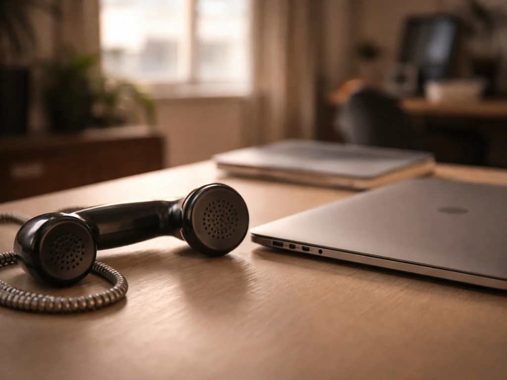 Close-up of a payphone receiver and a laptop with warm office light, symbolizing media career and finances.