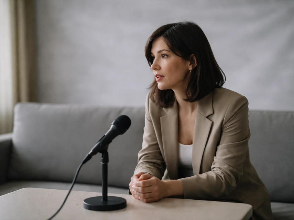 Anonymous actress-style woman seated in a press room, speaking near a tabletop microphone.