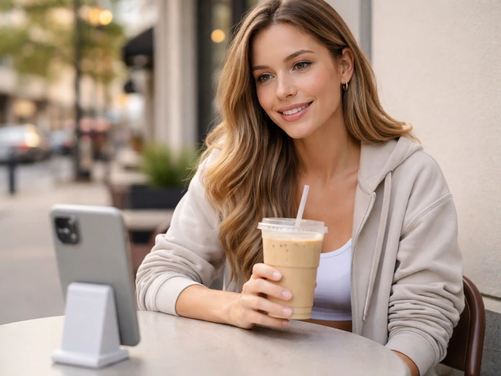 Anonymous creator in a cafe holds a drink while recording sponsored content on a smartphone.
