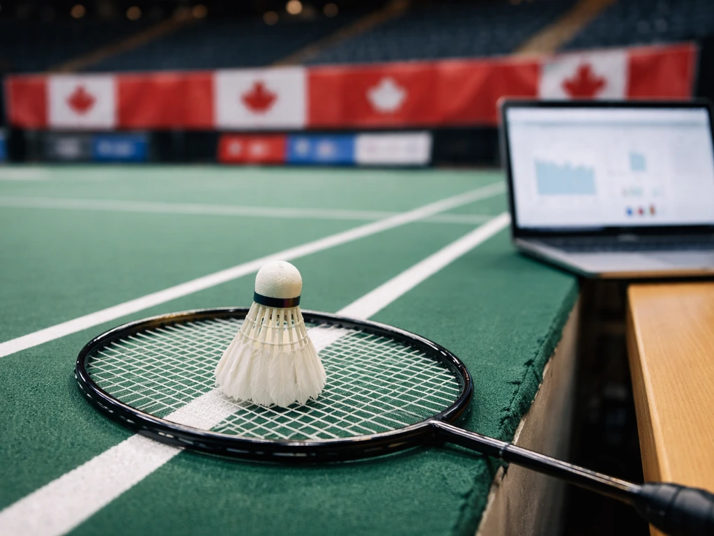Badminton racket and shuttlecock beside a laptop in a blurred Canadian indoor arena, identity clarification mood.