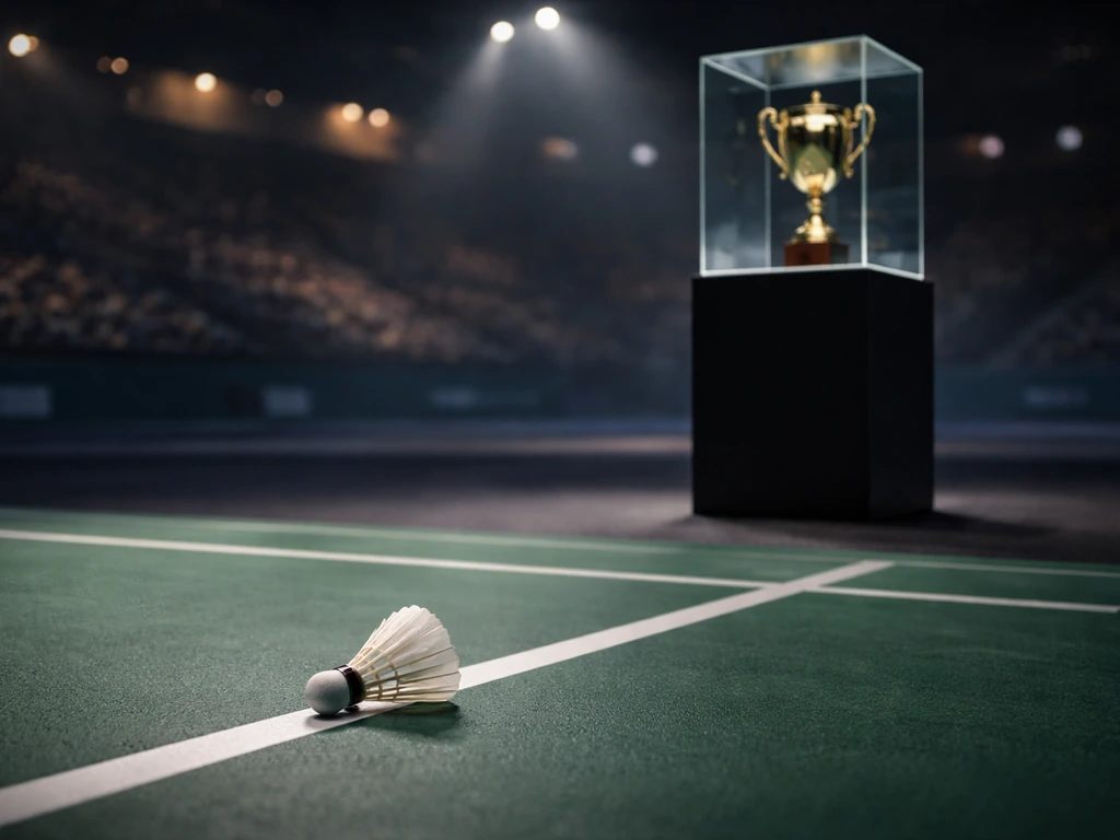 Empty badminton arena with a single shuttlecock near a trophy case, symbolizing career earnings