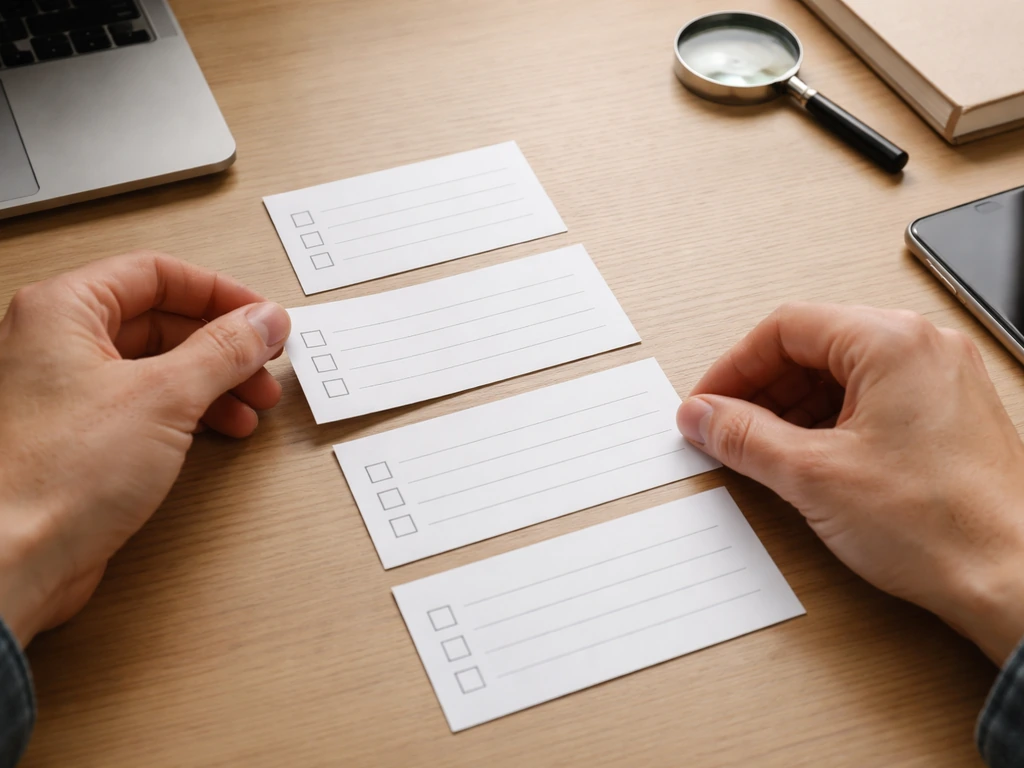 Hands arranging blank checklist cards with a magnifying glass on a desk for verifying information.