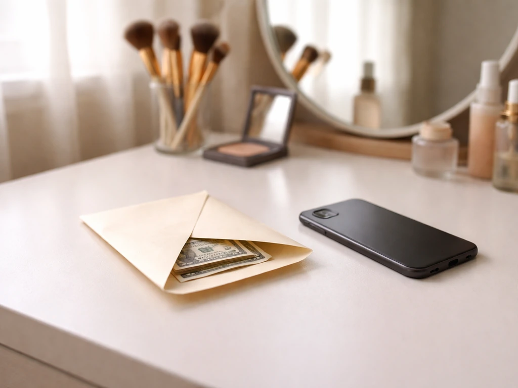 Minimal beauty creator desk scene with makeup items and a smartphone beside a cash envelope, symbolizing lifestyle net w