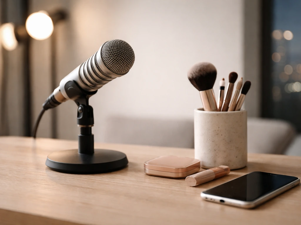 Microphone on a podcast desk with beauty and lifestyle props in soft light, suggesting influencer media work.