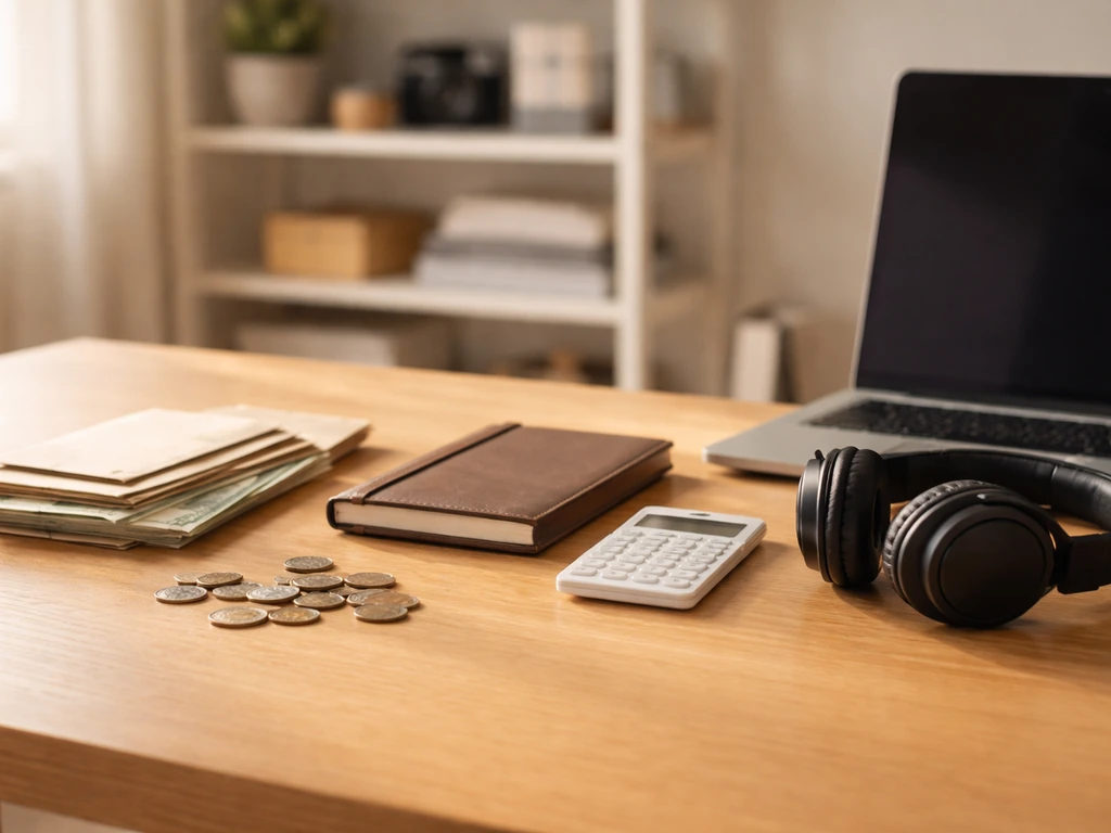 Minimal photo of a studio desk with a laptop, coins, and a notebook symbolizing assets minus liabilities