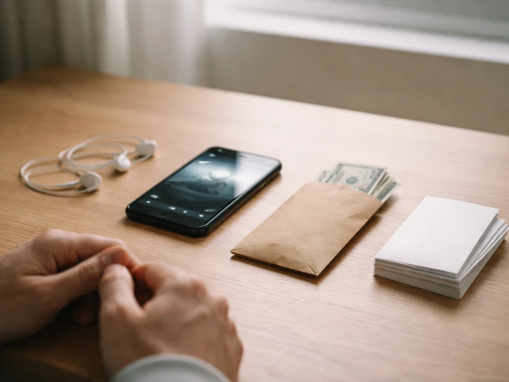 Minimal desk scene with a smartphone and earbuds near a small cash envelope and makeup-free creator notes