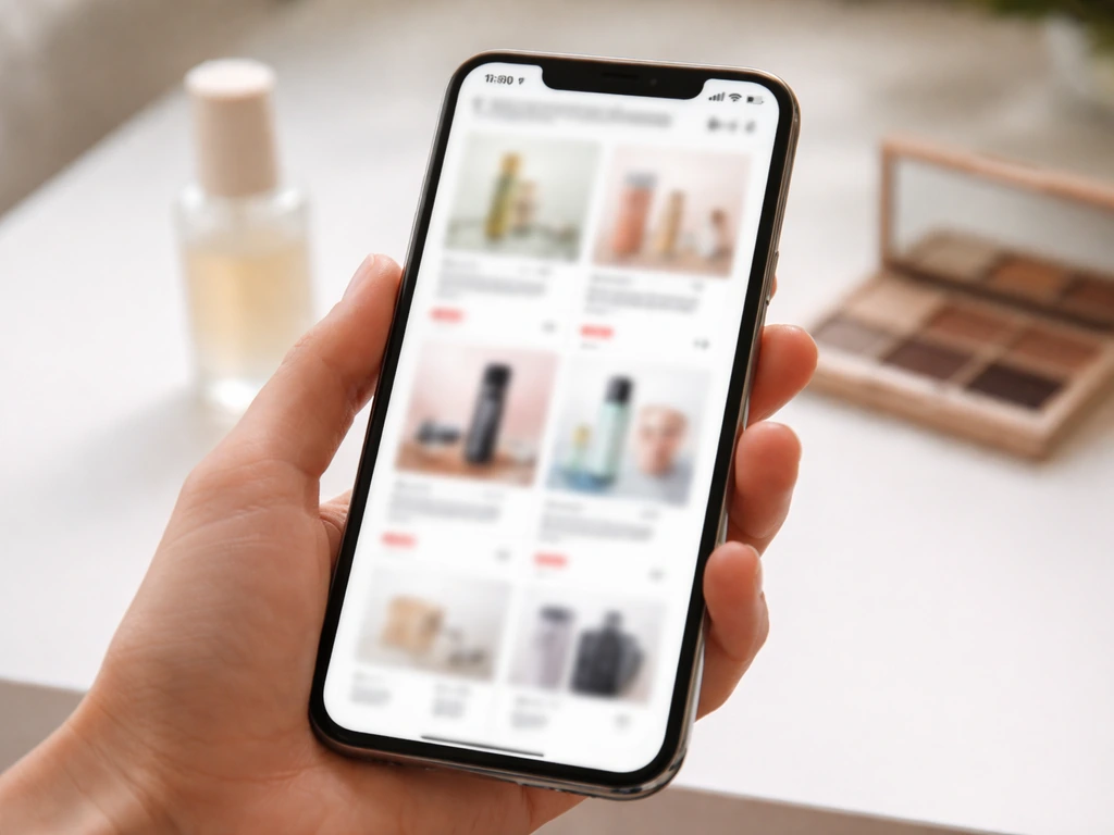 Close-up of a smartphone showing blurred affiliate-style product cards in a Shopee/Lazada-like shopping layout.