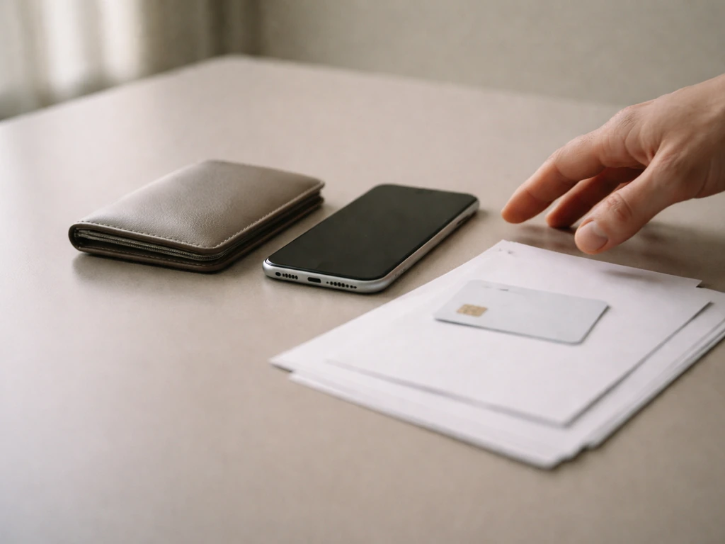 Minimal desk scene with scattered documents and a phone beside a wallet, suggesting skeptical verification of claims