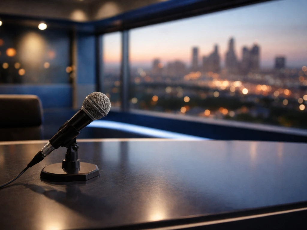 Los Angeles news studio desk with a microphone and blurred city lights, symbolizing broadcast journalism and wealth anal
