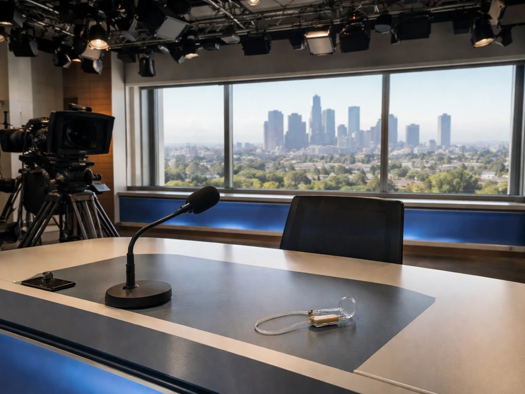 Empty LA TV news studio desk with microphone and skyline view, symbolizing broadcast journalism.