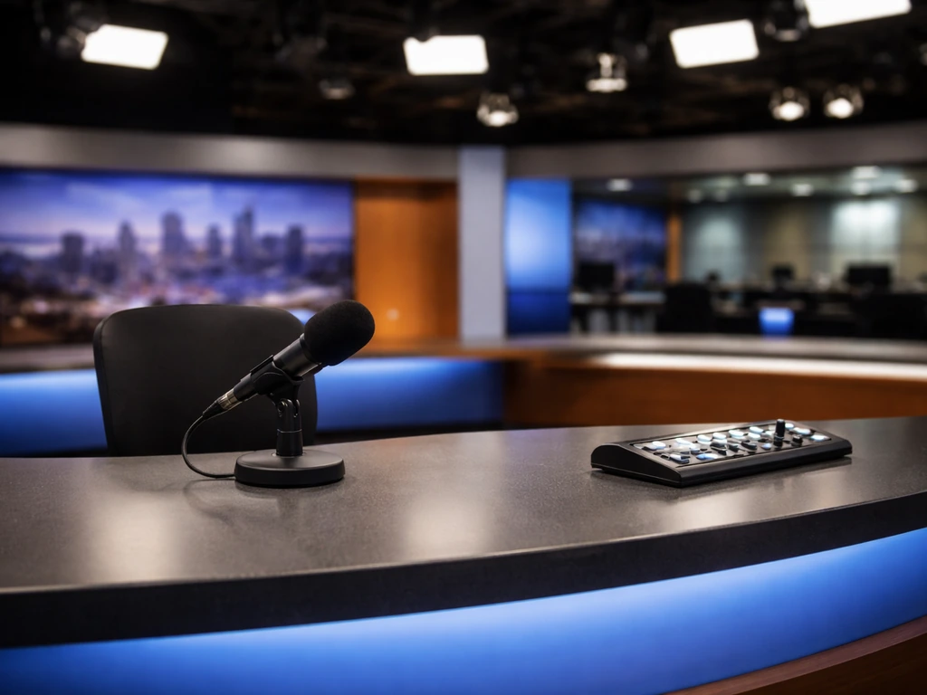 Empty broadcast anchor desk with microphone in a quiet TV studio, symbolizing long-term TV anchor income