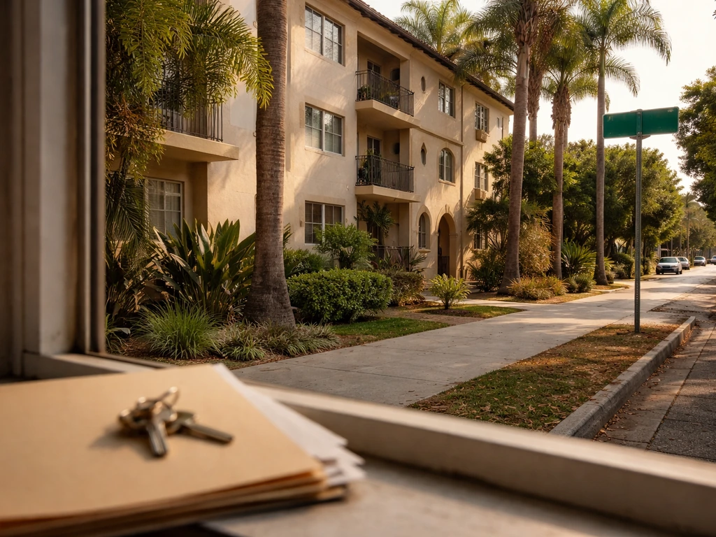 Los Angeles street with a modest apartment building facade suggesting real estate wealth and assets
