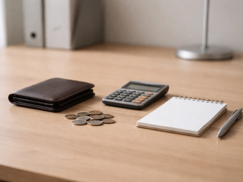 Minimal desk scene with coins, a small notepad, and a calculator to symbolize assets minus liabilities