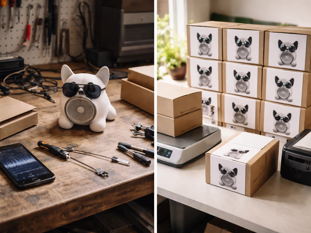 Minimal split-scene showing early startup prototypes and post-deal scaled pet product inventory on a desk