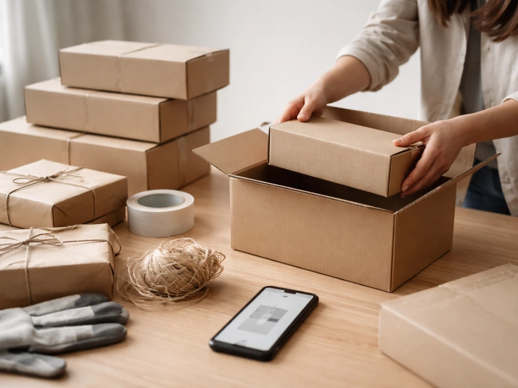 Minimal desk scene with shipping materials and a laptop showing a product prototype, suggesting a post–deal ramp