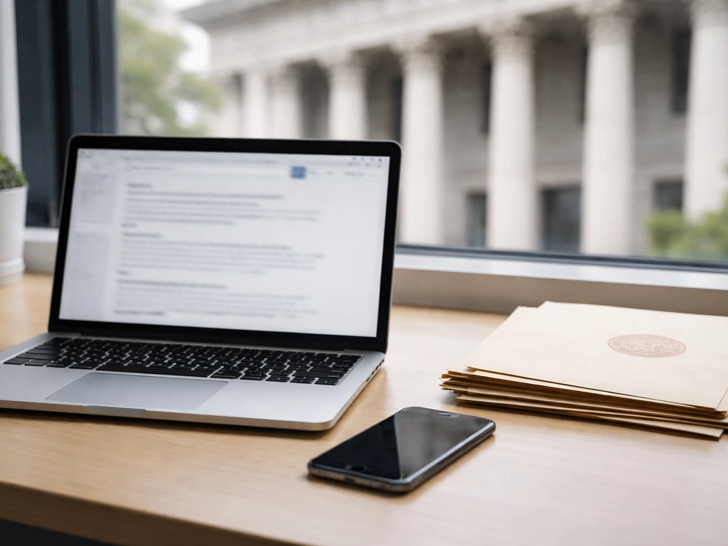 Minimal office desk with laptop and phone beside blank folders, symbolizing checking legal docket updates.