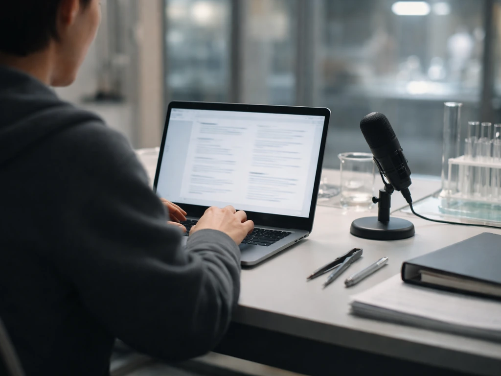 Anonymous science communicator in a lab-like studio with a laptop and microphone, symbolizing net worth verification