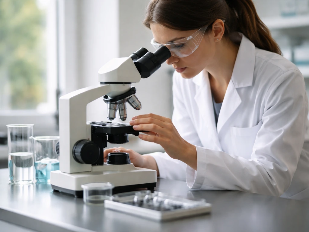 Nanotechnology-themed lab scene with a female scientist using a microscope in soft natural light.