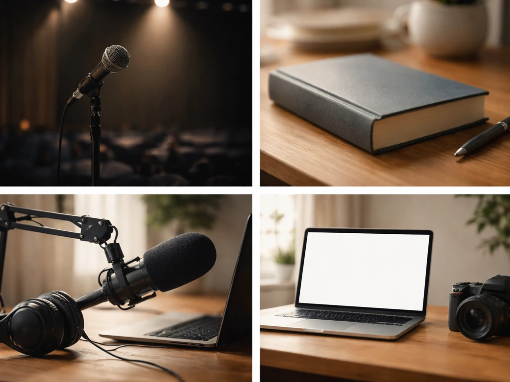 Minimal photo scene showing separate conference mic setup, book close-up, and content-creation gear as income sources.