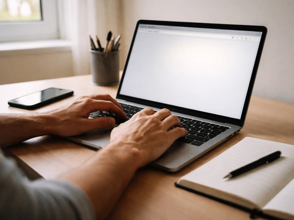 Hands typing on a laptop beside a smartphone, with a notebook open for cross-checking business records