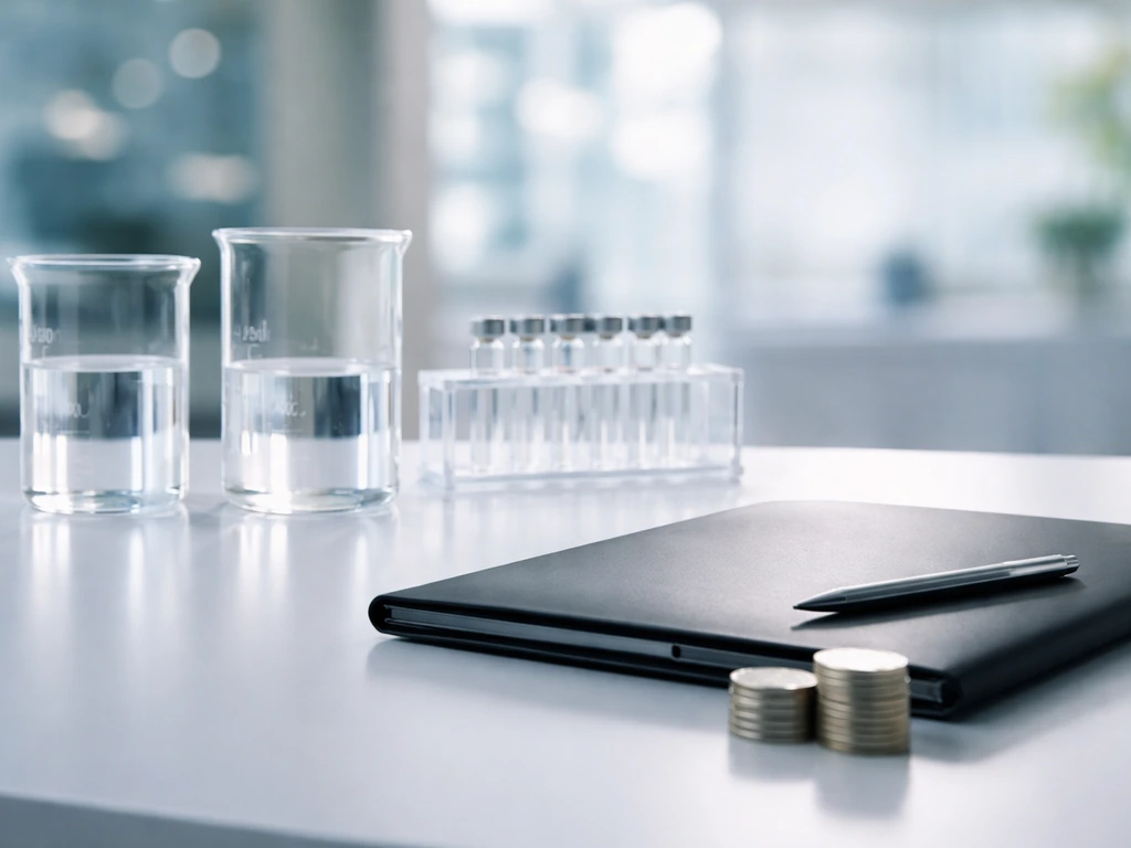 Minimal biotech lab bench with soft investor-themed cues, symbolizing biopharma venture wealth analysis.