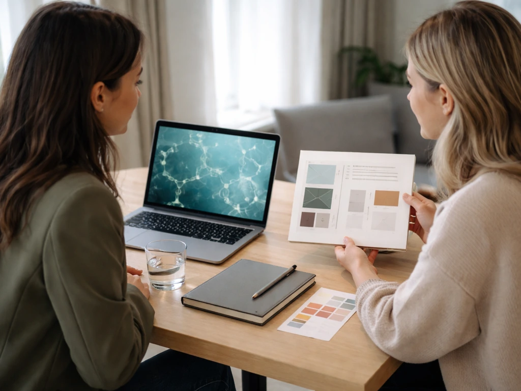 Two anonymous women at a co-working table comparing biotech/venture and UI/UX materials side by side.