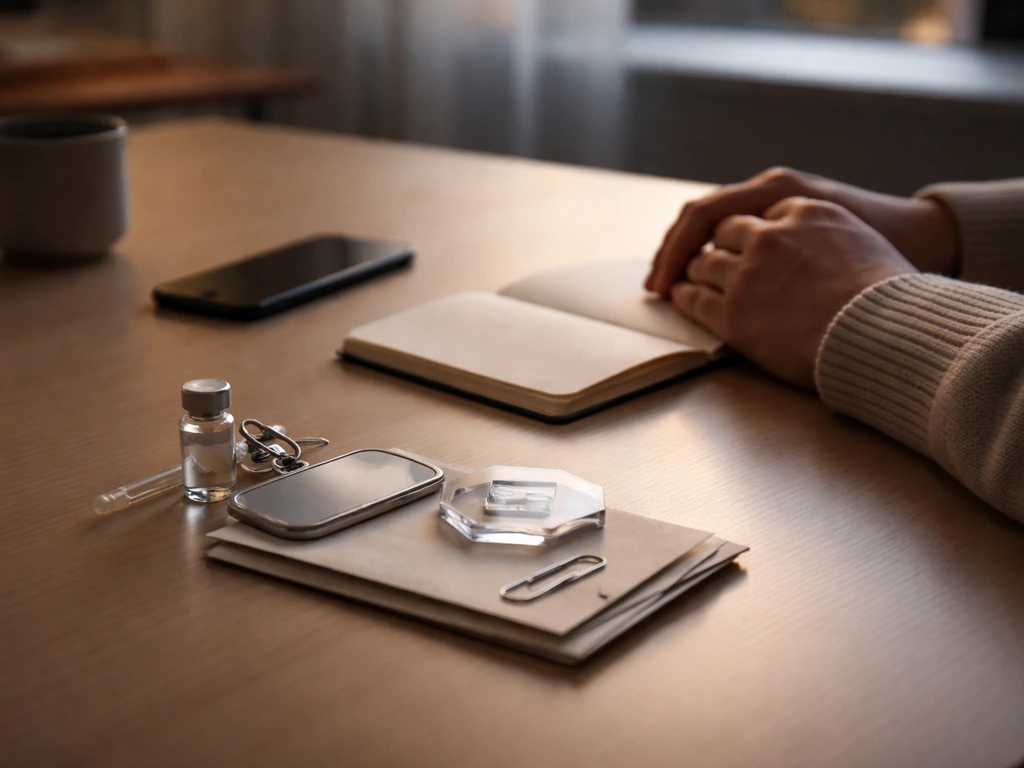 Minimal desk scene with layered financial items symbolizing multiple income streams in biotech