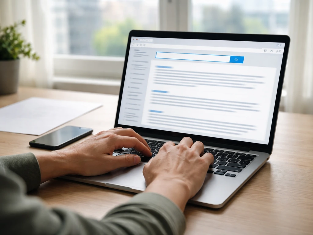 Person using a laptop in a quiet office with search results style browser windows, no readable text.