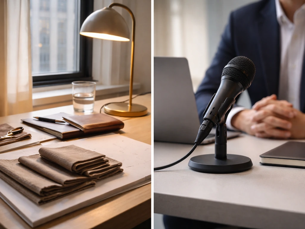 Minimal two-panel collage suggesting luxury fashion CEO media coverage and finance desk work, no identifiable person.