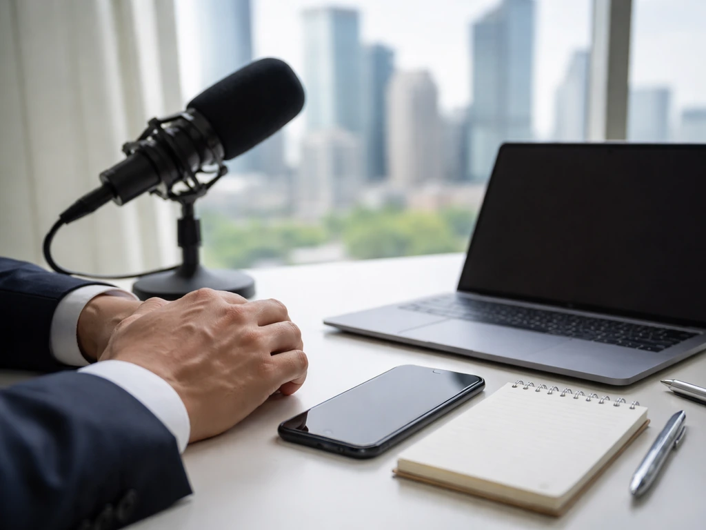 Anonymous executive desk with a microphone and city view, suggesting media business and net worth research.