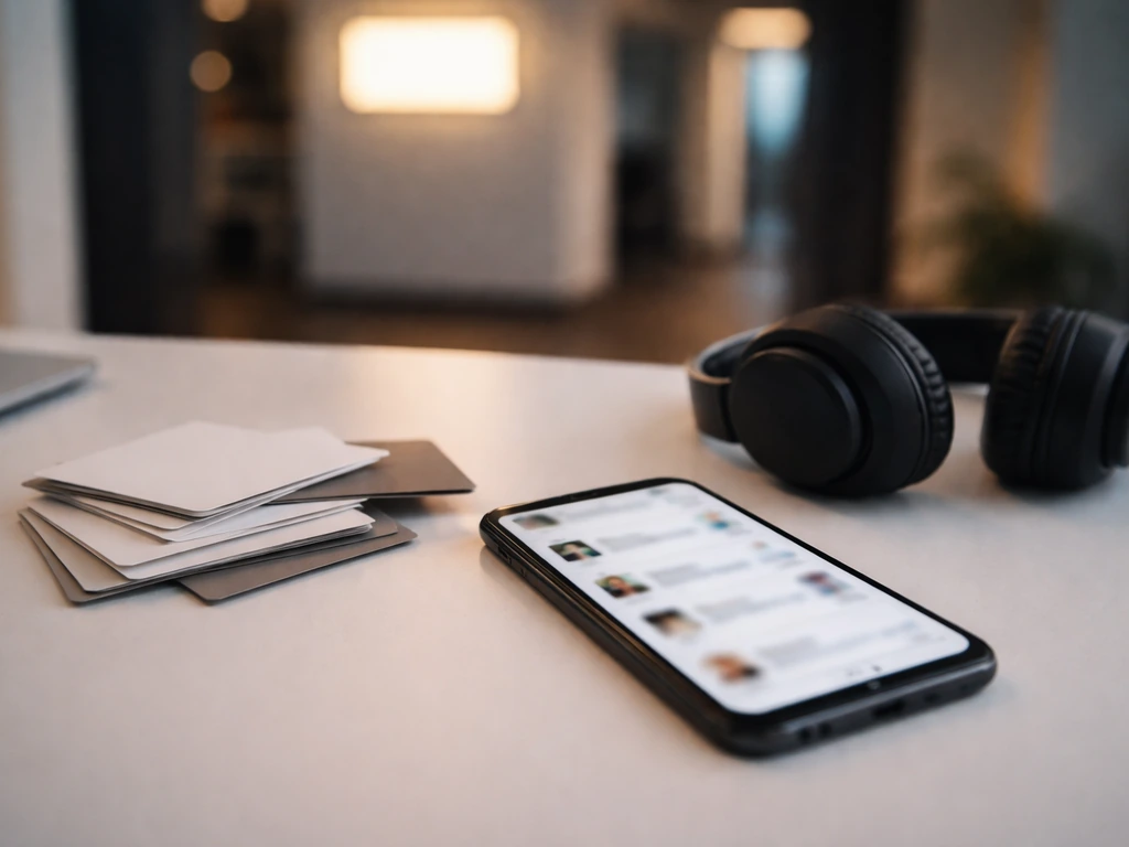 Minimal desk scene with scattered business cards and a smartphone showing blurred profile images for identity disambigua