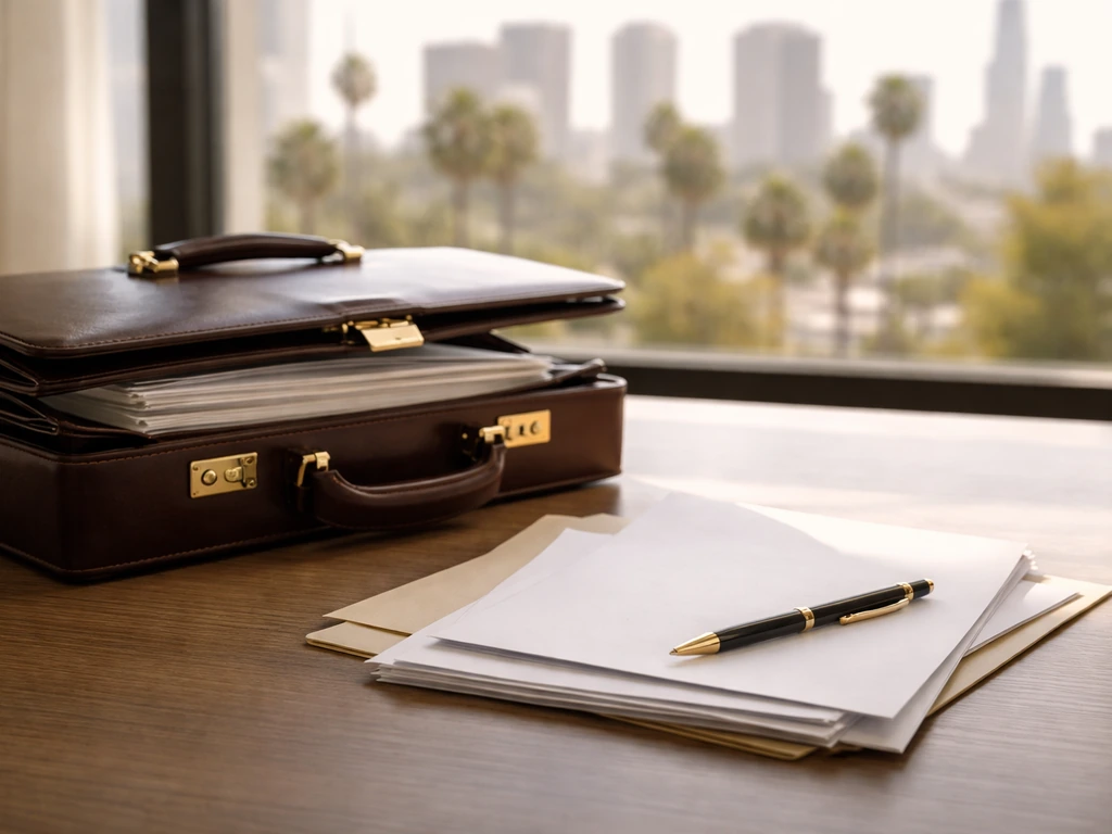 Minimal finance-themed desk scene with a single briefcase and papers suggesting income sources