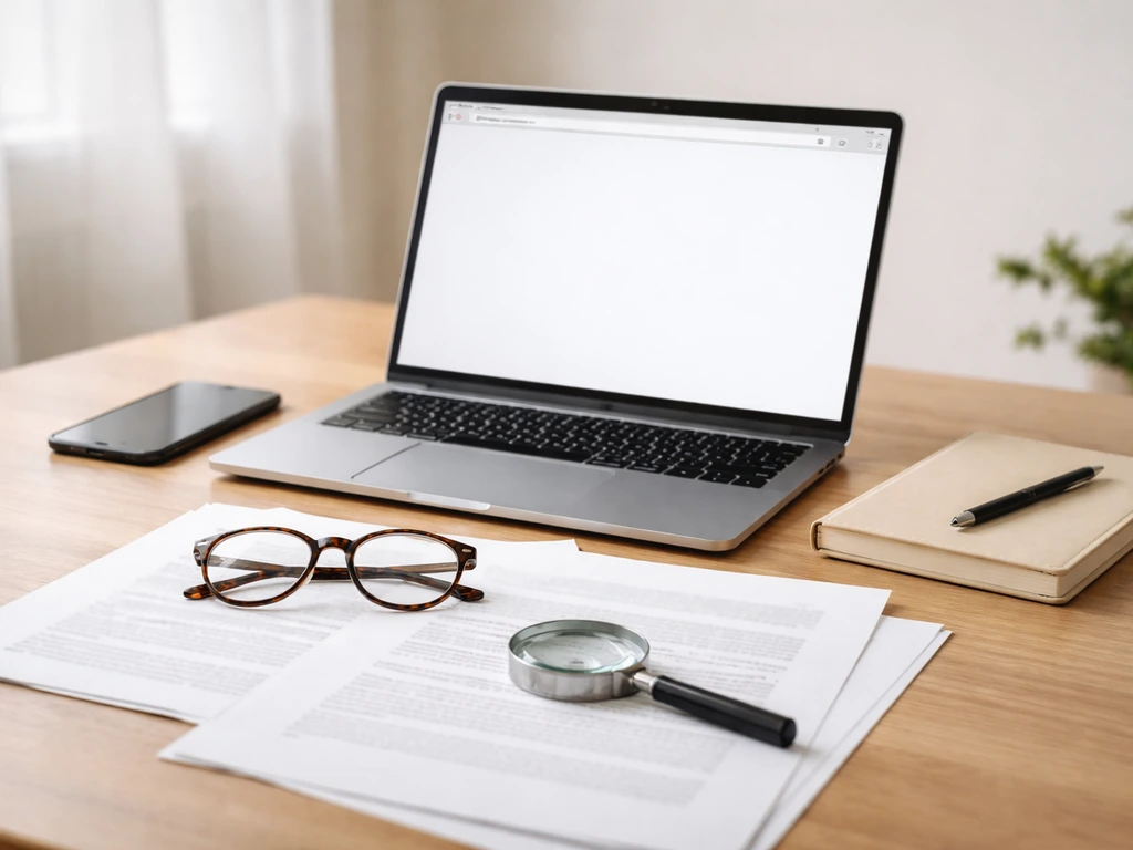 Minimal desk scene with laptop and papers plus magnifying glass symbolizing claim verification.