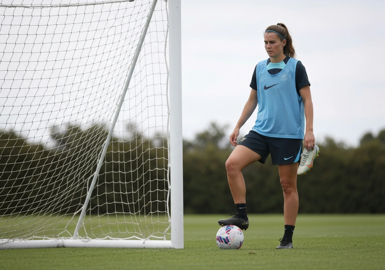Anonymous Australian female soccer player lacing a boot near a goal on a training field.