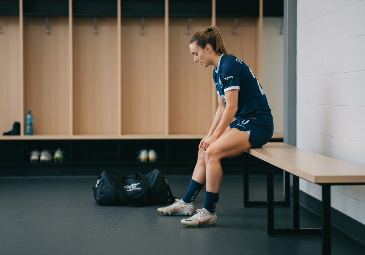 Australian soccer player in a navy Canberra United–style kit tying boots on a simple indoor bench