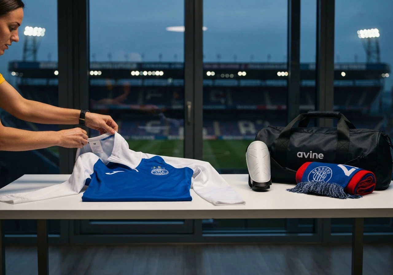 A soccer ambassador-style merchandise setup with training gear laid out on a table, hands adjusting a jersey.