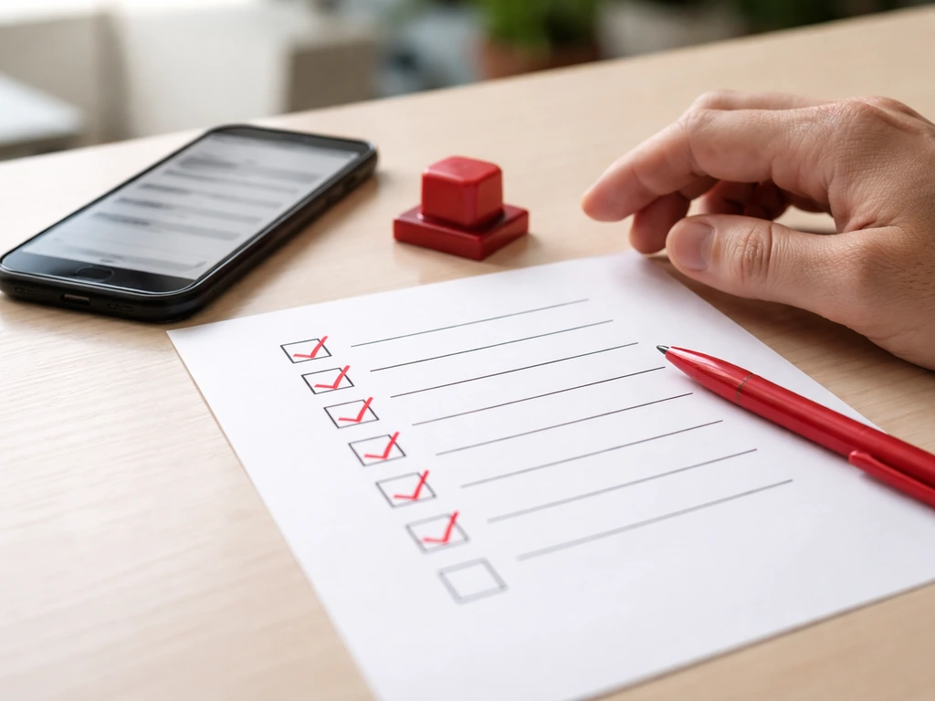 Desk checklist with red pen and blurred finance screen, highlighting red-flag style fact-checking.