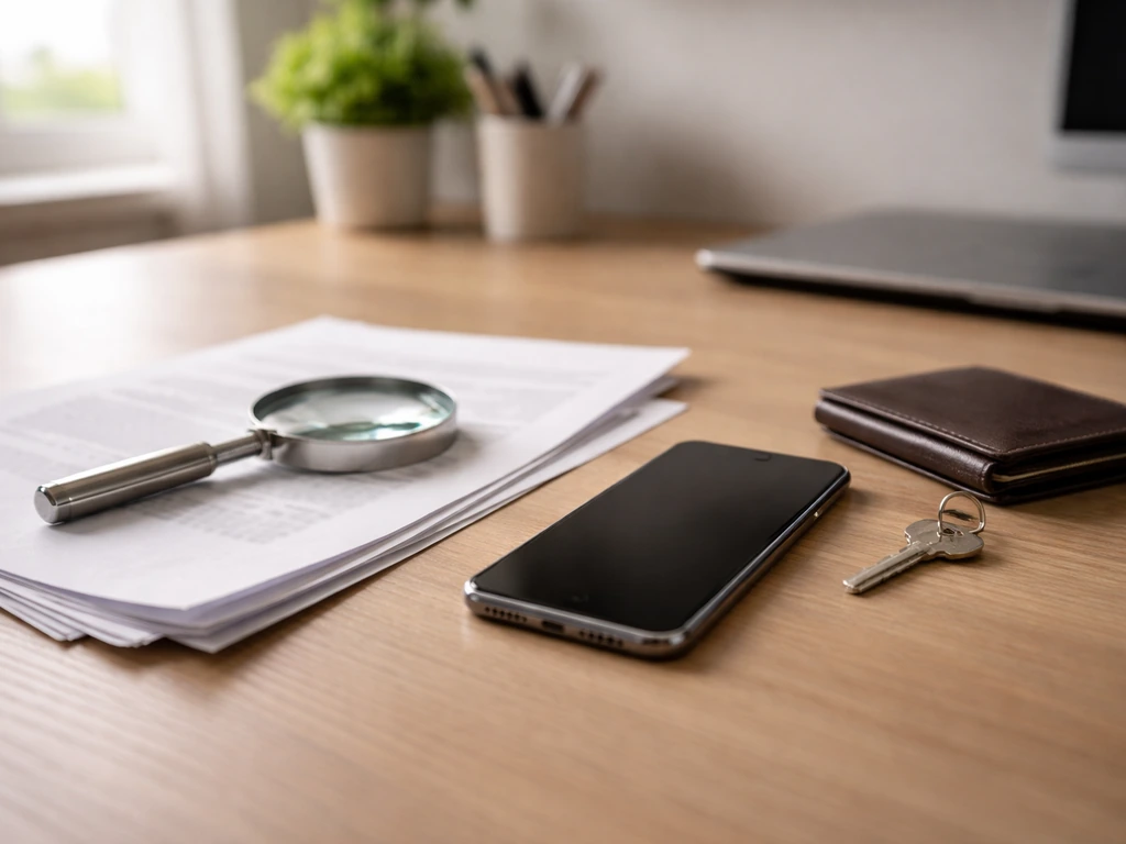 Magnifying glass over blank documents on a clean desk, suggesting verifying a net worth estimate.