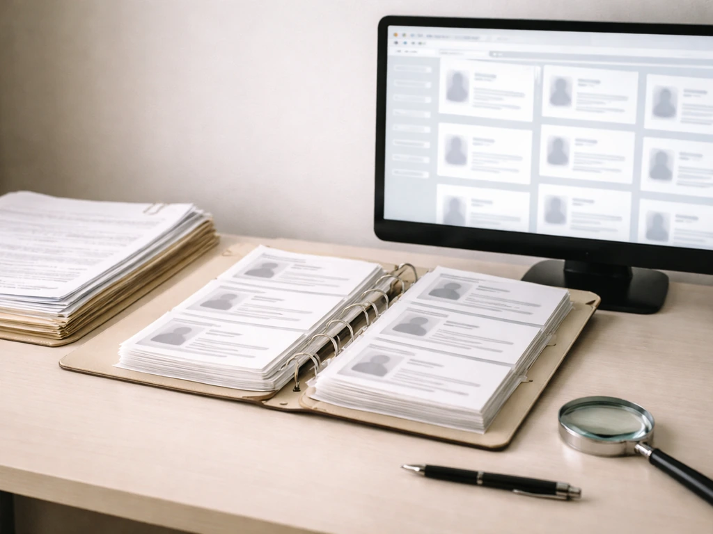 Desk scene with blurred records, a magnifying glass, and a monitor showing empty search-result placeholders.