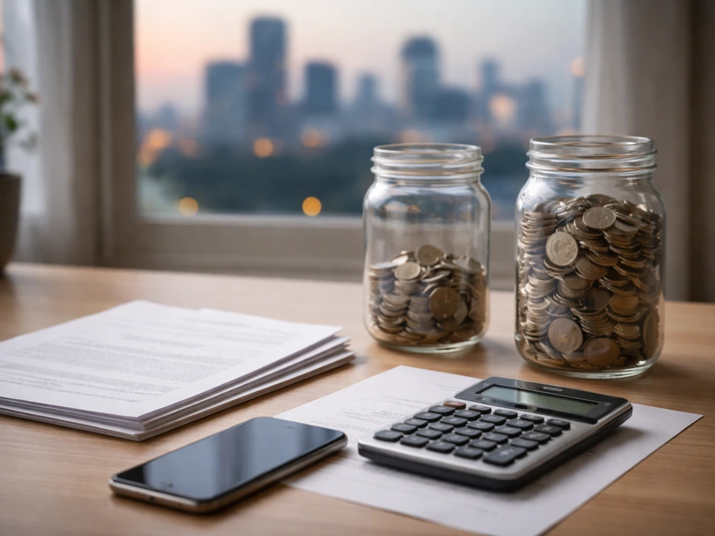 Minimal desk scene with calculator, blank papers, and two coin jars suggesting different net-worth assumptions