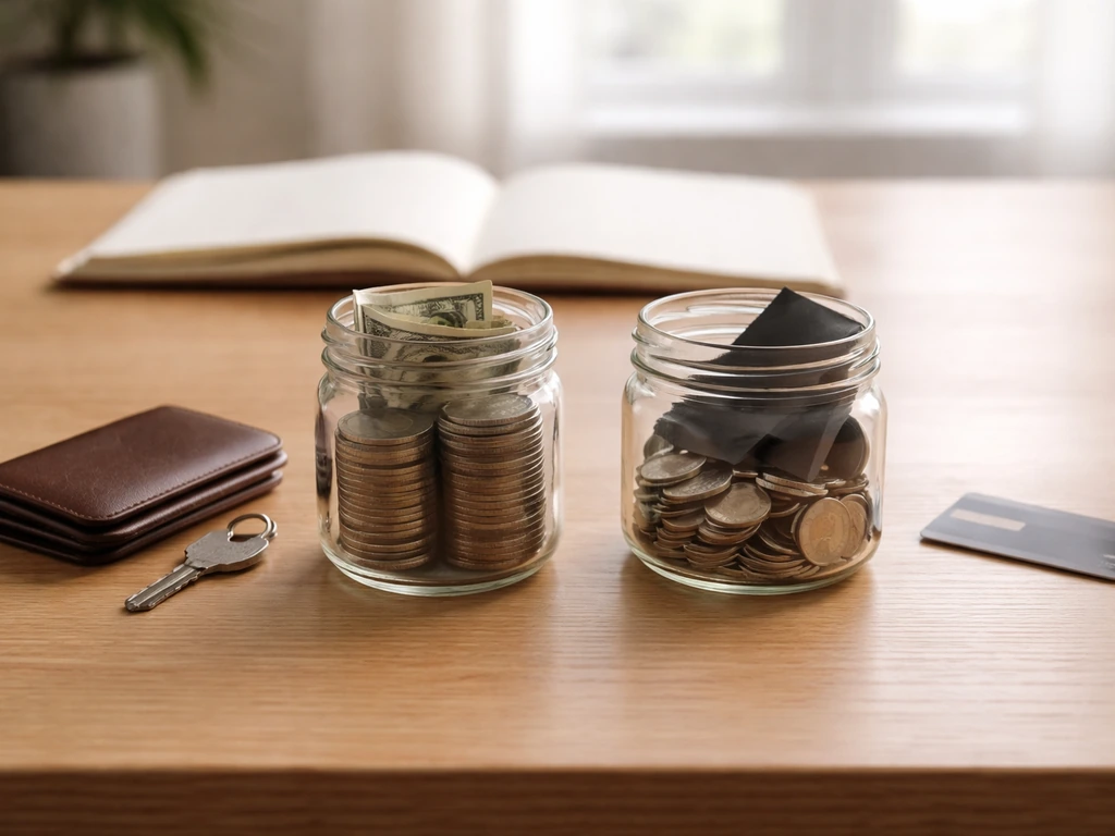 Minimal desk scene with jars symbolizing assets and liabilities, coins, wallet, key, and a credit card.