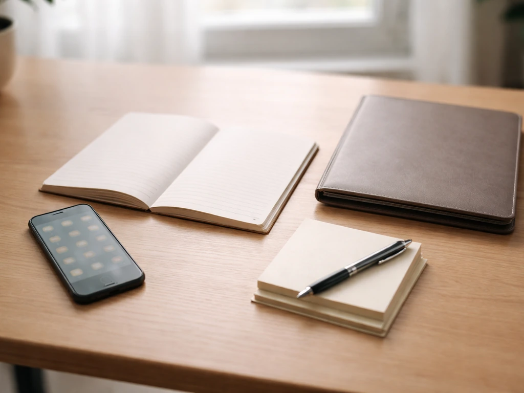 Minimal desk setup with a notepad and smartphone showing a simple checklist for validating a net worth claim