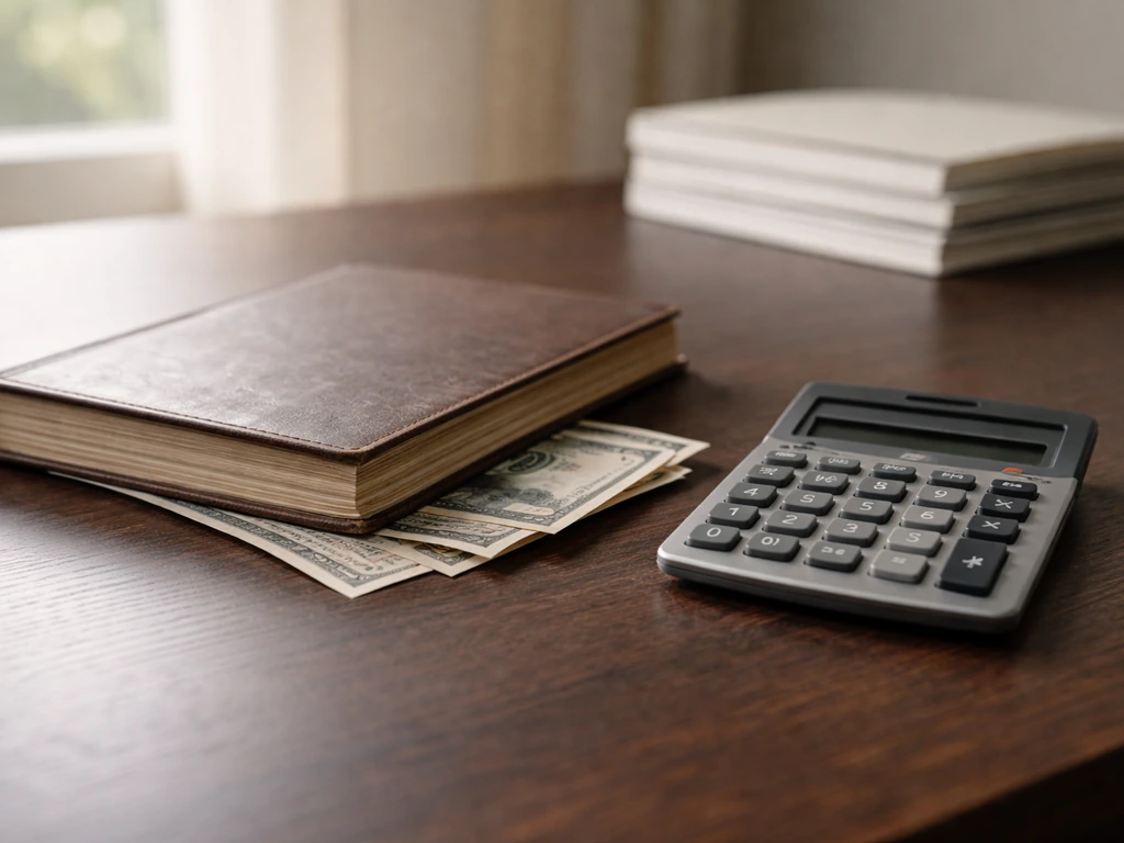 Minimal office desk with a closed ledger and scattered cash, symbolizing estimated versus verified wealth