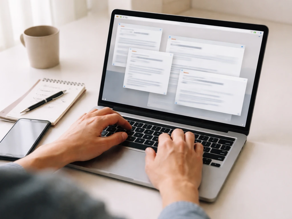 Over-the-shoulder view of hands researching on a laptop with blurred public-records style pages.